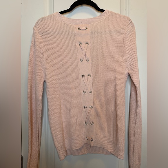 CABI Eliza Cardigan Sweater Pale Pink Cotton Ribbed Lace Back 3357 - Picture 2 of 4